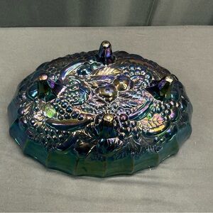 Indiana Glass Oval Iridescent Blue/Purple Carnival Glass Grape Footed Fruit Bowl